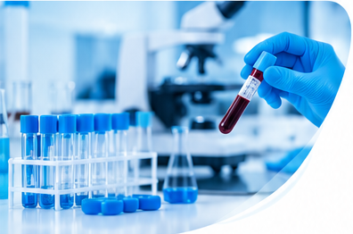 Gloved hand holding a blood sample tube in the V Plus Diagnostics laboratory